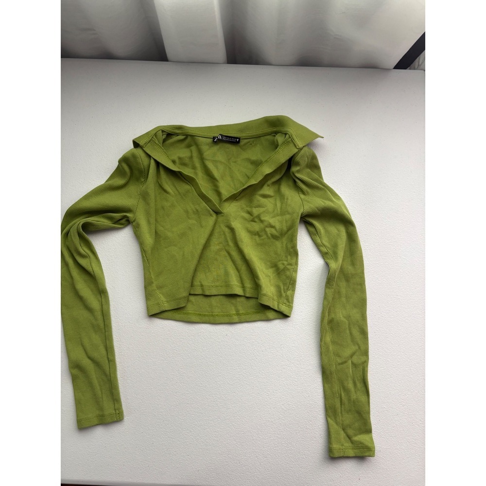 Zara Top Womens Small Green Long Sleeve Crop Collared Ribbed‎ Shirt